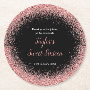 Rose Pink Dress Faux Glitter Sweet 16 Birthday Round Paper Coaster