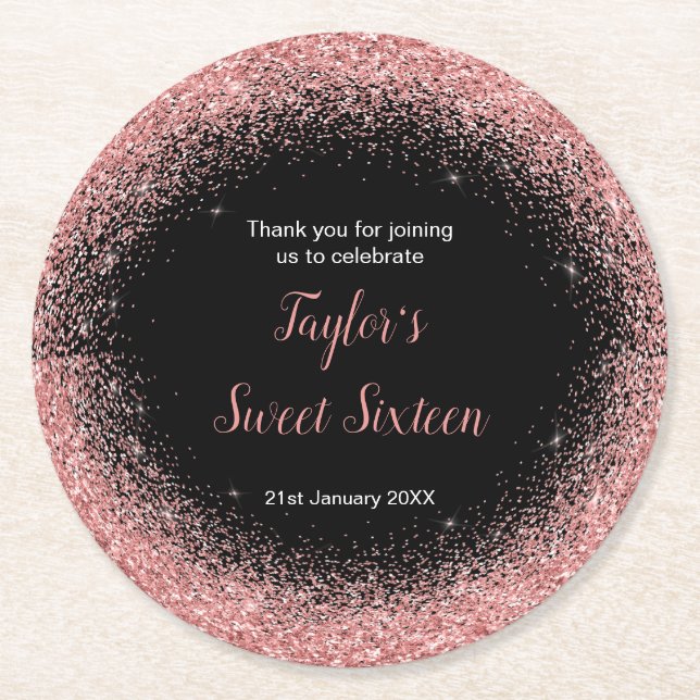 Rose Pink Dress Faux Glitter Sweet 16 Birthday Round Paper Coaster (Front)