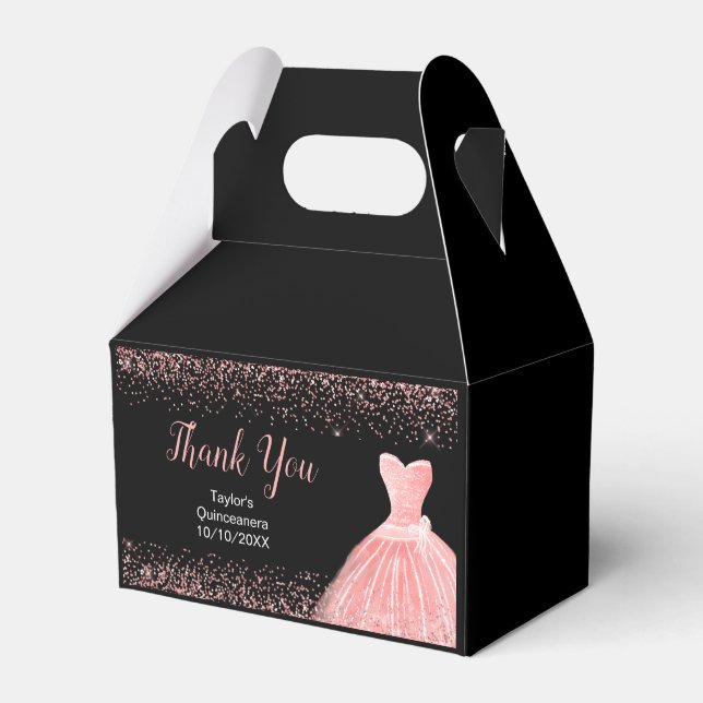 Rose Pink Dress Faux Glitter Sweet Quinceanera Favour Box (Front Side)