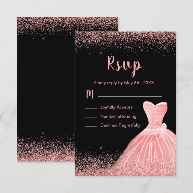 Rose Pink Dress Faux Glitter Sweet Quinceanera RSVP Card (Front/Back)