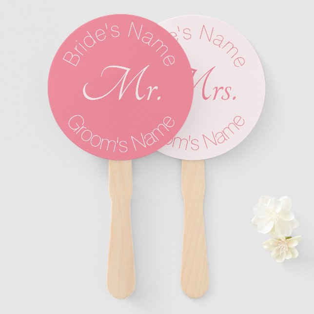 Rose Pink Elegant Bride and Groom Mr. Mrs. Wedding Hand Fan (Front and Back)
