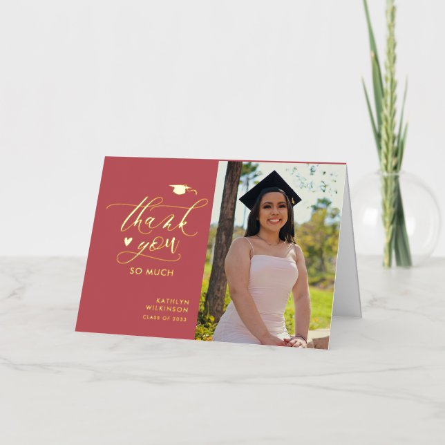 Rose Pink Elegant Gold Script Graduation Thank You Foil Greeting Card (Front)