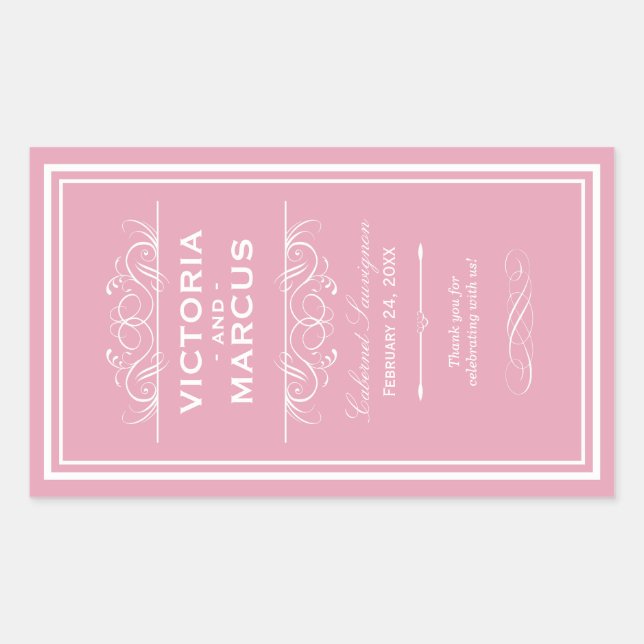 Rose Pink Elegant Wedding Monogram Wine Bottle Rectangular Sticker (Front)