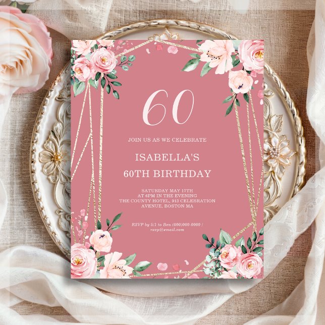Rose | Pink Floral 60th Budget Birthday Invitation (Creator Uploaded)