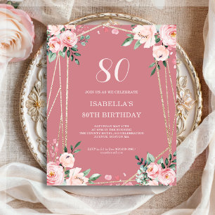 Rose Pink Floral 80th Budget Birthday Invitation