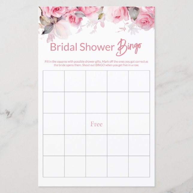 Rose Pink Floral Bridal Shower Game BINGO (Front)