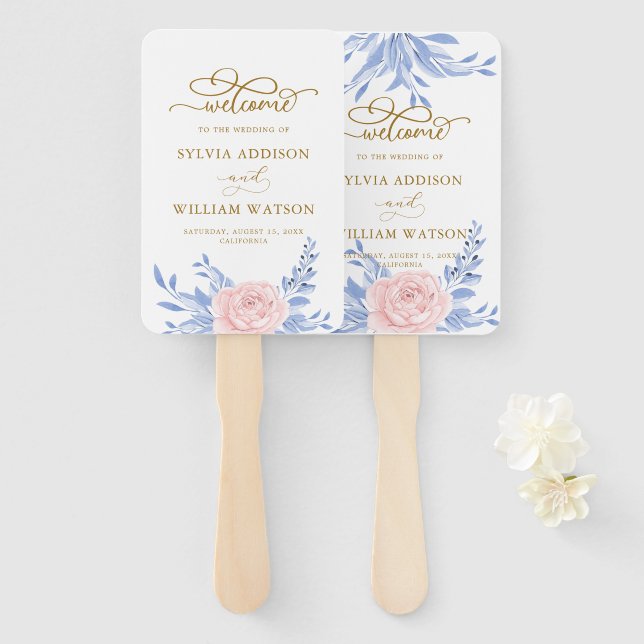 Rose Pink Floral Gold Minimal Dusty Blue Wedding Hand Fan (Front and Back)