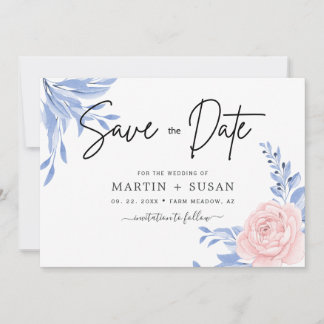 Rose Pink Floral Gold Minimal Dusty Blue Wedding Save The Date