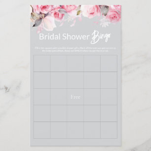 Rose Pink Floral Gray Bridal Shower Game BINGO