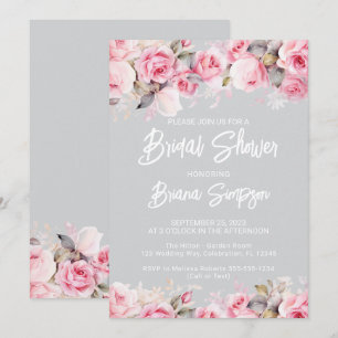 Rose Pink Floral Grey Bridal Shower Invitation