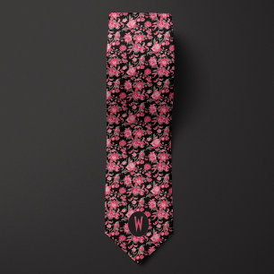 Rose Pink Floral on Black Neck Tie