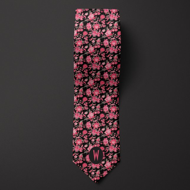 Rose Pink Floral on Black Neck Tie (Creator Uploaded)
