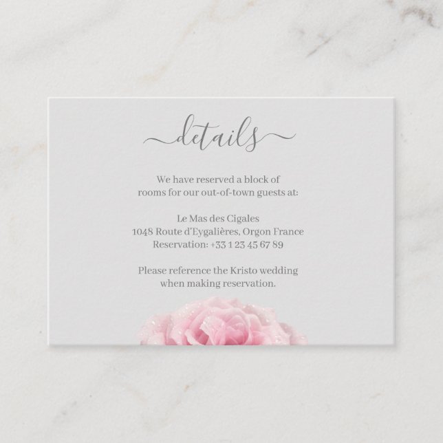 Rose Pink Flower Grey Floral Wedding Hotel Detail Enclosure Card (Front)