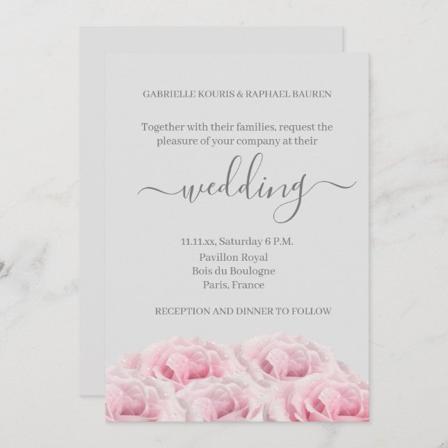 Rose Pink Flower Light Grey Elegant Floral Wedding Invitation (Front/Back)
