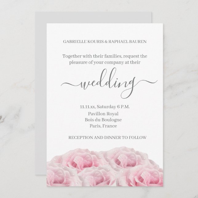 Rose Pink Flower White Grey Elegant Floral Wedding Invitation (Front/Back)