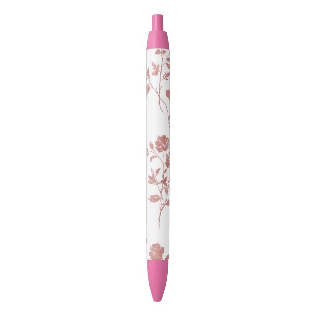 Rose Pink Flowers Black Ink Pen (Front Vertical)