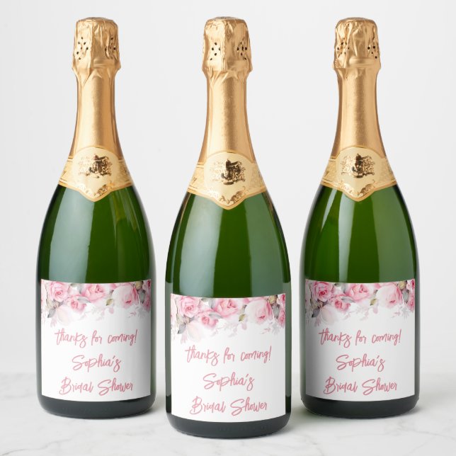Rose Pink Flowers Floral Shower Favors Sparkling Wine Label (Bottles)