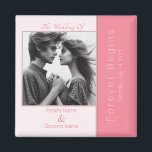 Rose Pink Forever Begins Modern Photo Wedding Magnet<br><div class="desc">The design is an elegant and minimalistic one featuring the theme of "Forever Begins" in rose pink. The template wedding magnet includes customisable typography fields for the wedding theme, introduction, the bride's and groom's names, the together symbol, and the wedding date. It is a simply elegant addition to your event....</div>