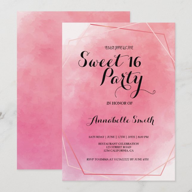 Rose pink  frame watercolor  sweet 16 invitation (Front/Back)
