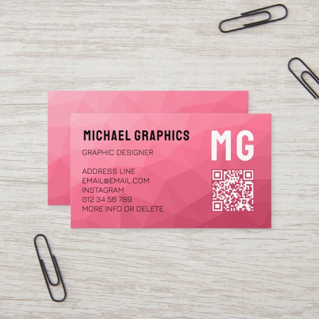Rose pink geometric mesh pattern QR code Monogram Business Card (Front/Back In Situ)