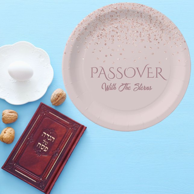 Rose Pink Glitter Dust Jewish Passover Seder Paper Plate (Creator Uploaded)