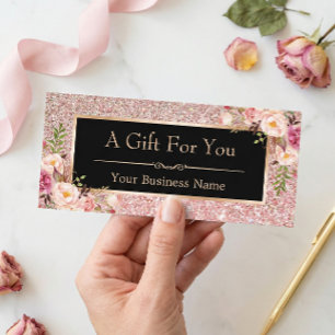 Rose Pink Glitter Floral Gift Certificate Card