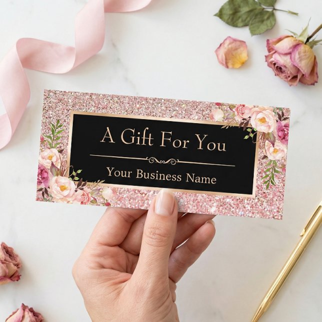 Rose Pink Glitter Floral Gift Certificate Card (Creator Uploaded)
