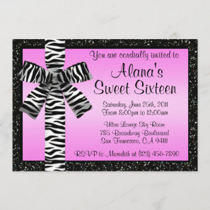 Rose Pink Glitter Invite With Zebra Print Bow