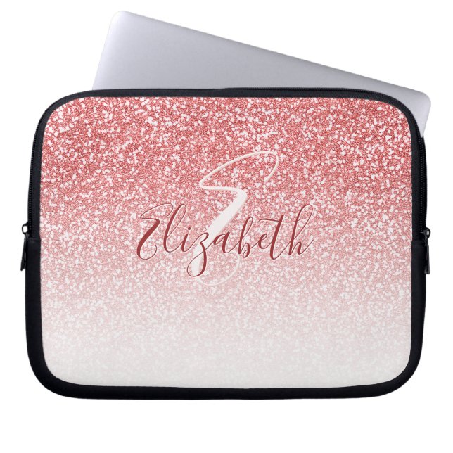 Rose Pink Glitter Ombre Monogram Laptop Sleeve (Front)