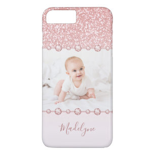 Rose Pink Glitter Rhinestone Name Photo Case-Mate iPhone Case