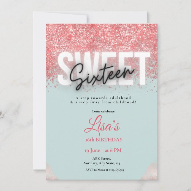 Rose Pink glitter sweet sixteen birthday  Invitation (Front)