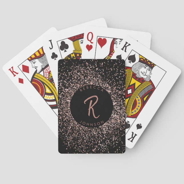 Rose Pink Gold & Black Glitter Frame Monogram Playing Cards (Back)