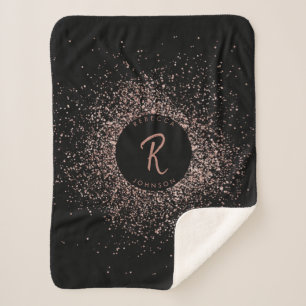 Rose Pink Gold & Black Glitter Frame Monogram Sherpa Blanket