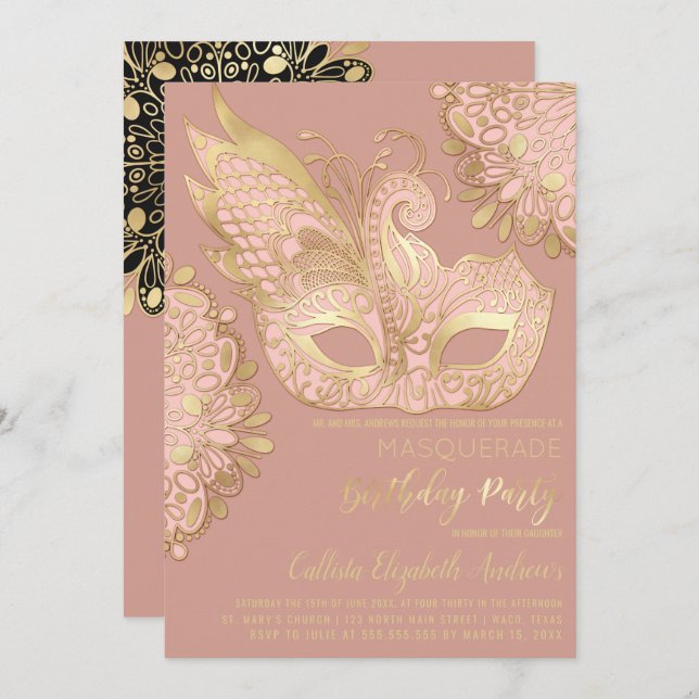 Rose Pink Gold Black Masquerade Mask Birthday Invitation (Front/Back)