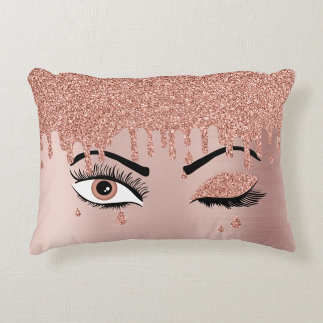 Rose Pink Gold Eyelashes Dripping Glitter Decorative Cushion (Front)