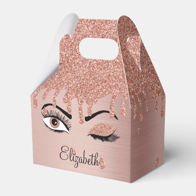 Rose Pink Gold Eyelashes Dripping Glitter Favour Box (Front Side)