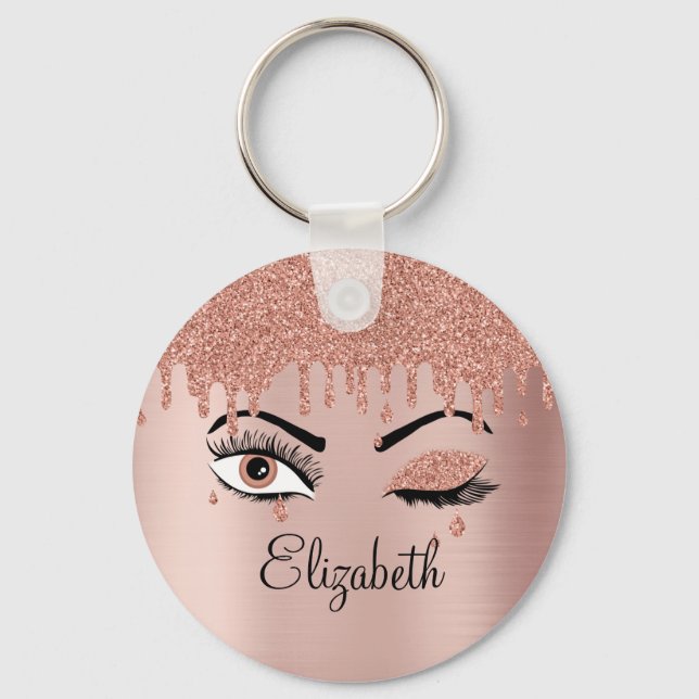 Rose Pink Gold Eyelashes Dripping Glitter Key Ring (Front)
