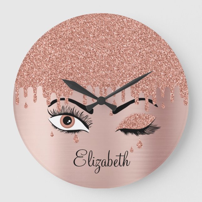 Rose Pink Gold Eyelashes Dripping Glitter Large Clock (Front)