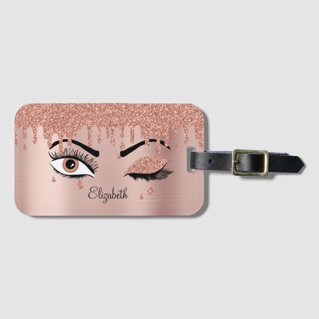 Rose Pink Gold Eyelashes Dripping Glitter  Luggage Tag (Front Horizontal)