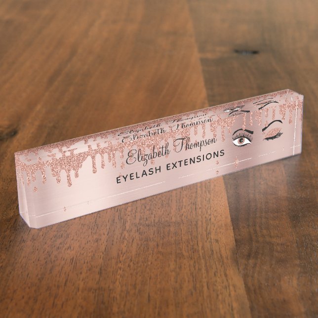 Rose Pink Gold Eyelashes Dripping Glitter  Nameplate (Side)