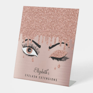 Rose Pink Gold Eyelashes Dripping Glitter  Pedestal Sign