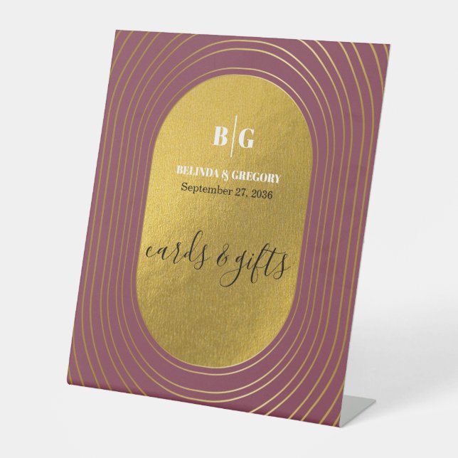 Rose Pink & Gold Modern Arch Wedding Cards Gifts Pedestal Sign (Front)