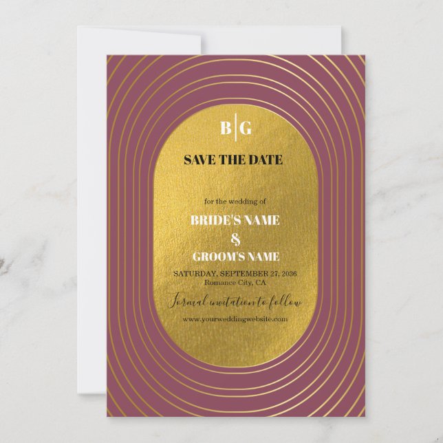 Rose Pink & Gold Modern Minimalist Arch Wedding Save The Date (Front)