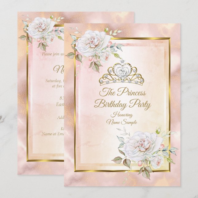 Rose Pink Gold Princess Birthday Party Invite (Front/Back)