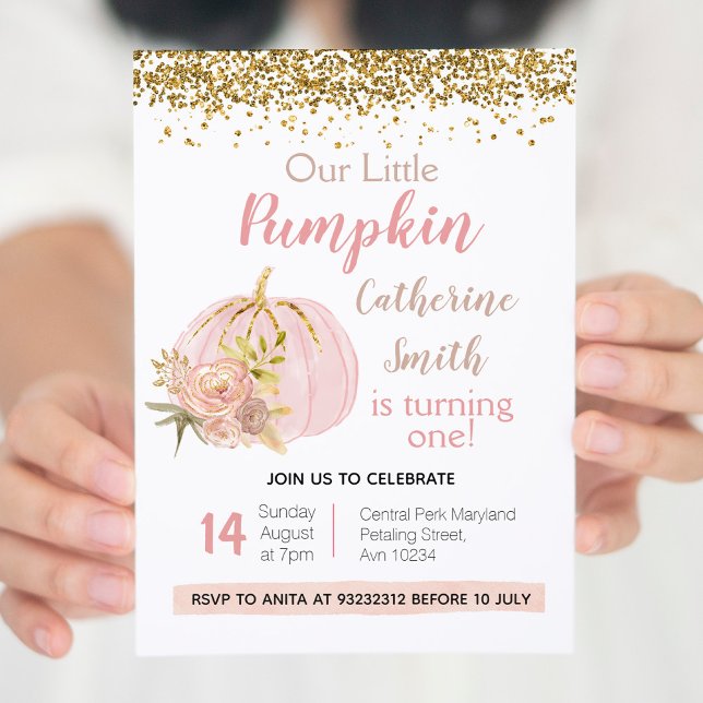 Rose Pink Gold Pumpkin 1st Birthday Invitation (Creator Uploaded)