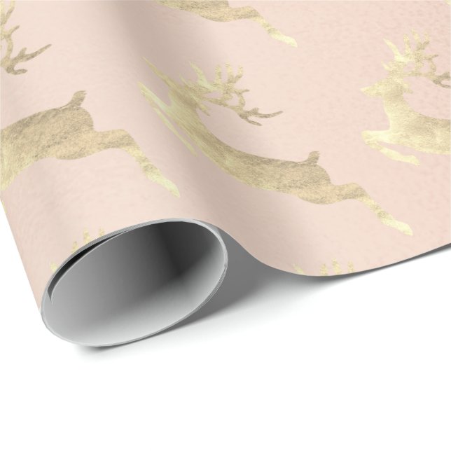 Rose Pink Gold Reindeer Holiday Christmas Delicate Wrapping Paper (Roll Corner)