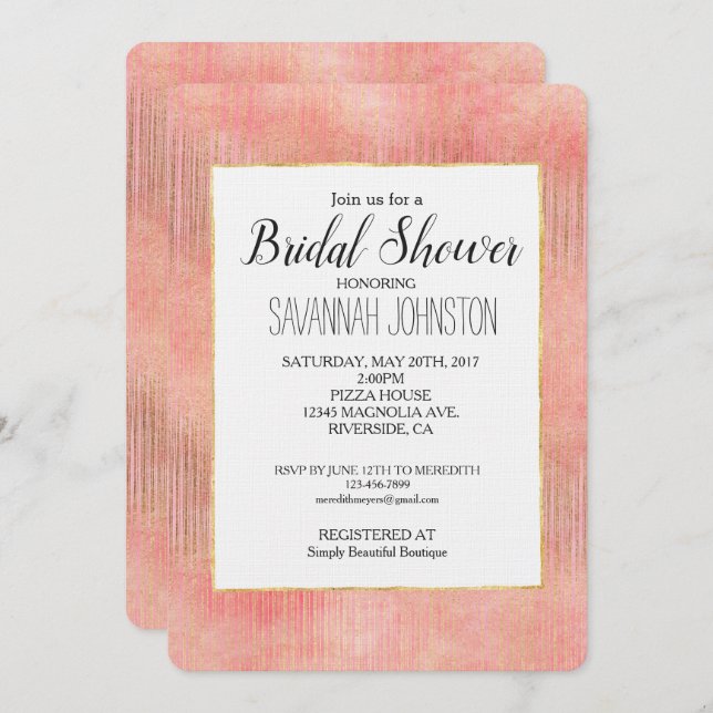 Rose Pink Gold Stripes Bridal Shower Invitation (Front/Back)