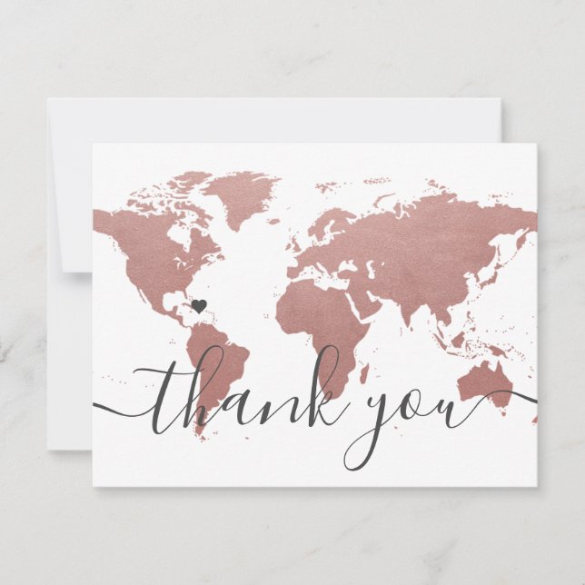 Rose Pink Gold World Map and Wedding Photo Thank You Card (Front)