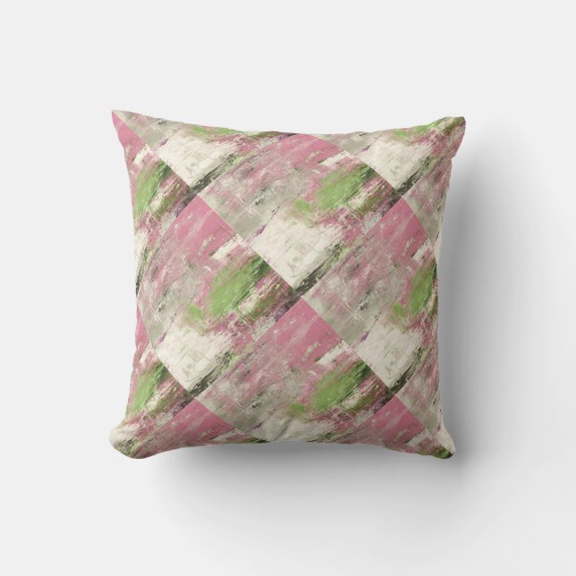 Rose Pink Green & White Modern Abstract Pillow (Front)