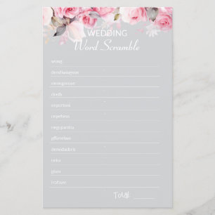 Rose Pink Grey Bridal Shower Word Scramble Game